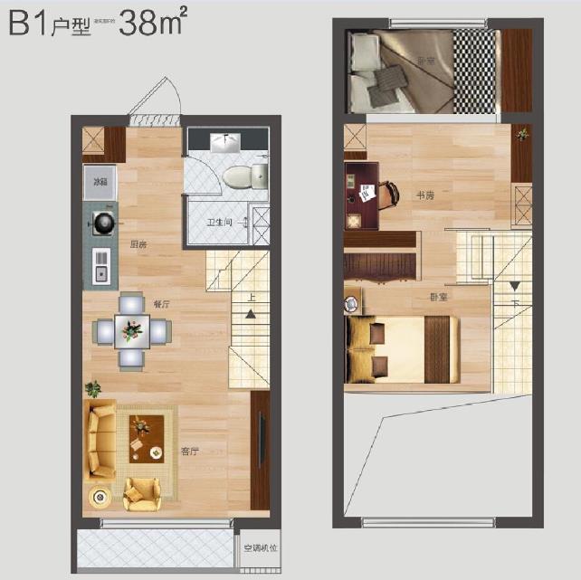 精装loft公寓B1户型-2室1厅1卫