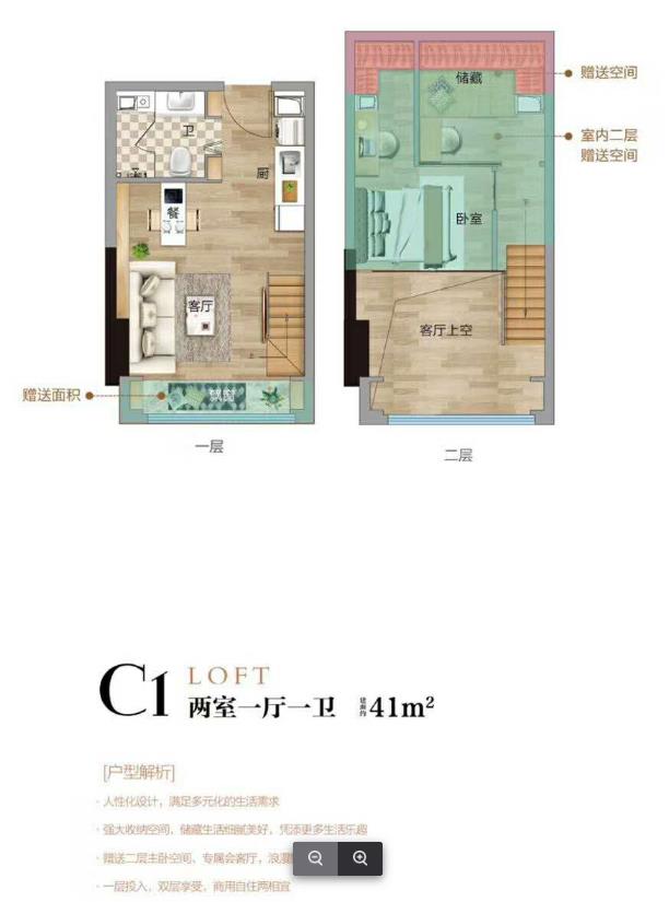 loft公寓C1户型-2室1厅1卫 