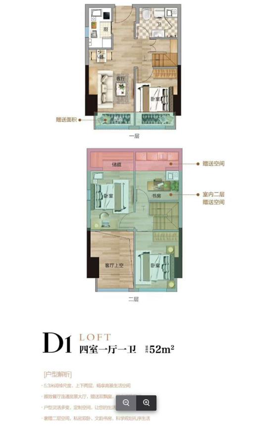 loft公寓D1户型-4室1厅1卫 